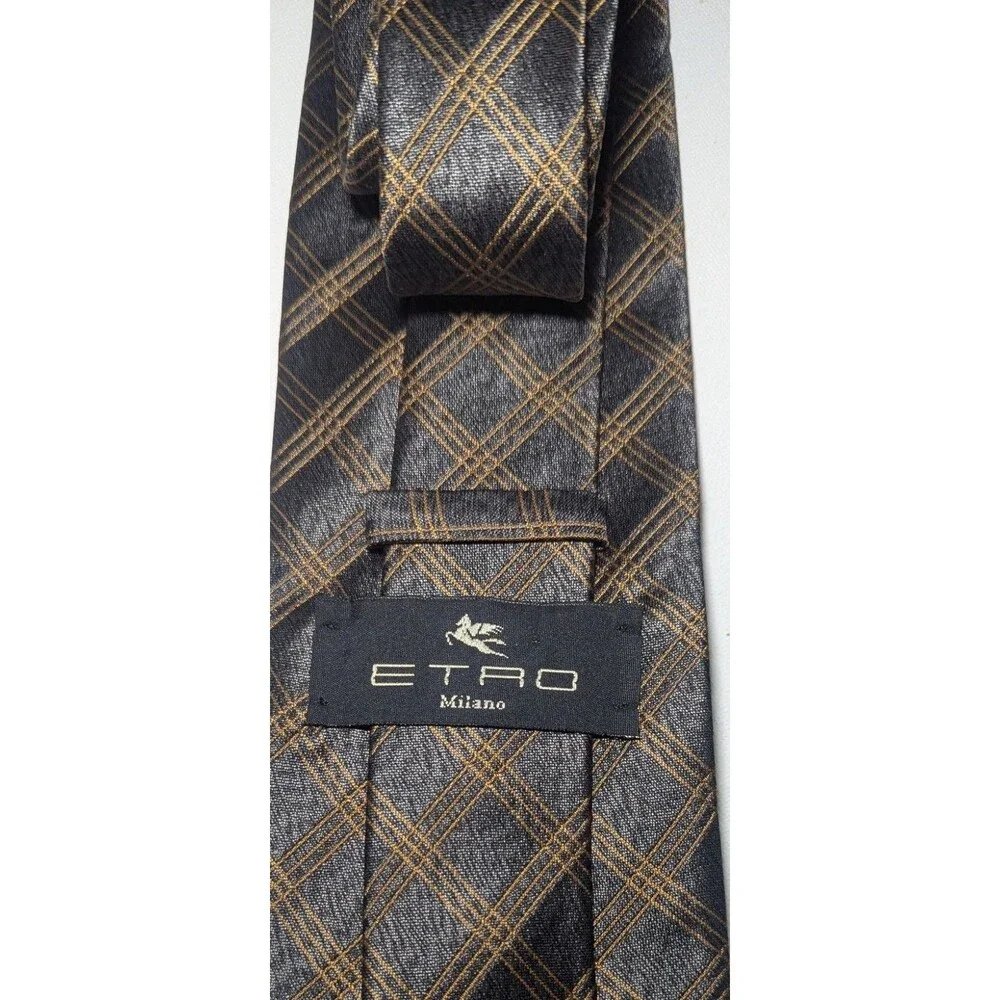 ETRO Milan Men’s Silk Tie in Gray & Gold Made In Italy
